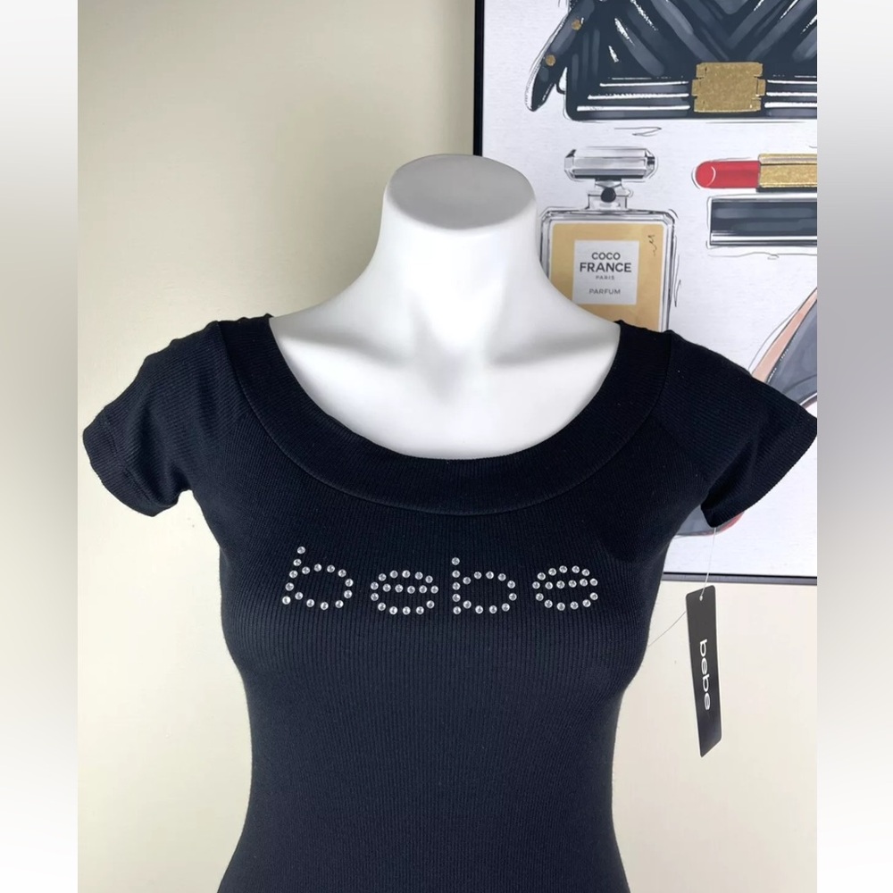 New BEBE rhinestone logo black dress 38.5” long Size M - Picture 3 of 13